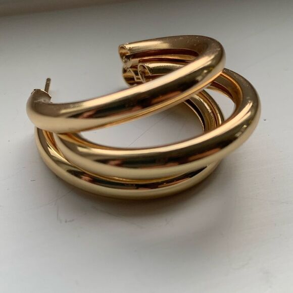 Men’s Hollow Triple Hoop 14k Gold Plated Earrings Tri Hoop Earrings - Picture 6 of 8